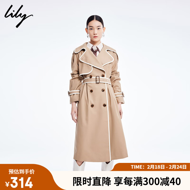 LILY2022春女装复古气质宽松休闲长款风衣外套女 725可可棕 S