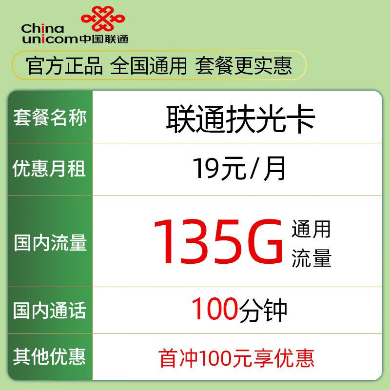 中国移动 中国联通 扶光卡 19元月租（135G通用流量+100分钟通话）激活送10元红