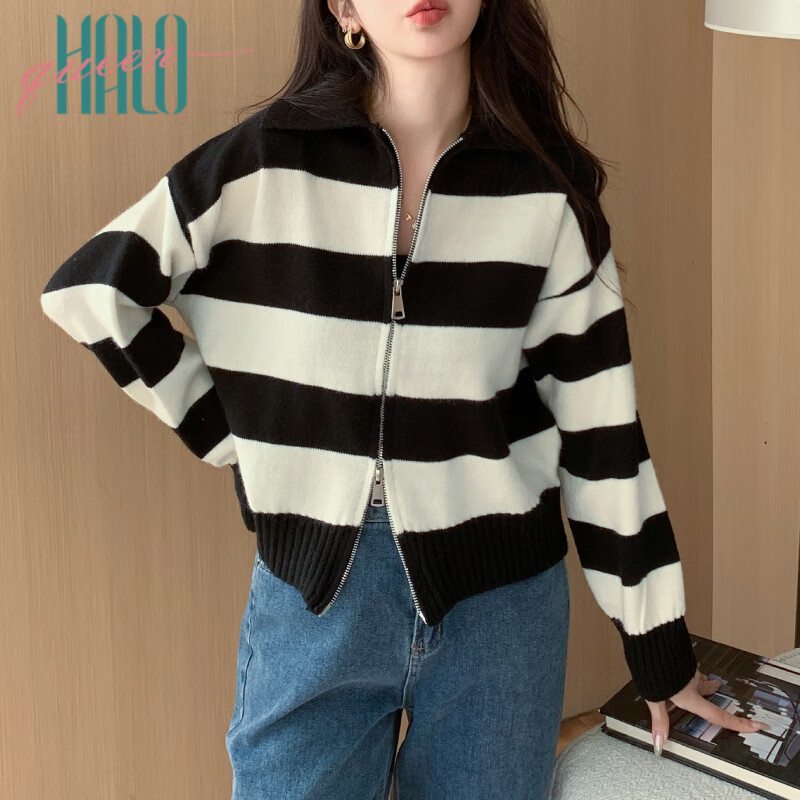 Halo Queen针织开衫女韩版POLO领复古宽松双拉链条纹毛衣外套H138Z1417 黑色