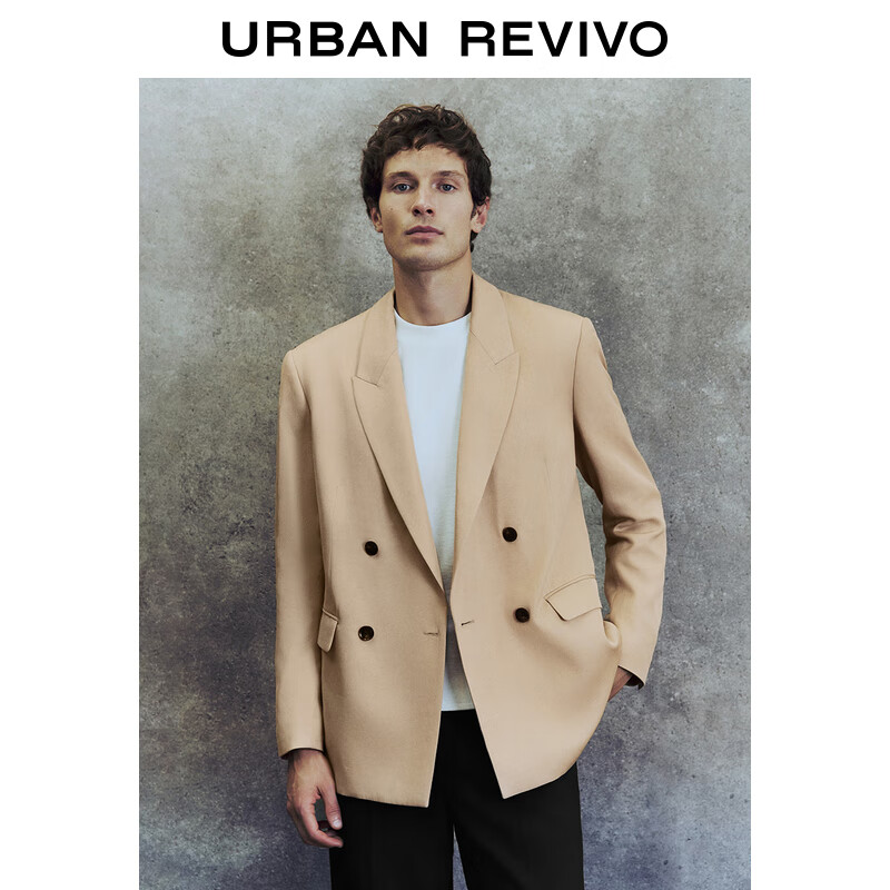 URBAN REVIVO UR2024春夏男装静奢气质风双排扣超宽松西装外套UMF140011 卡其 S(XS-S)