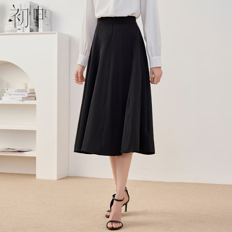 初申黑色西装裙半身裙女高腰中长款A字百褶裙S139B2499