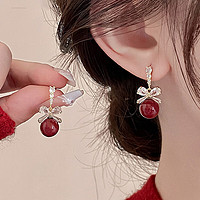 KOSE 高絲 925銀針酒紅色蝴蝶結珍珠耳環氣質時尚感耳釘小眾設計感可愛