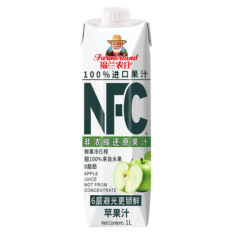 福兰农庄 进口100%NFC苹果汁纯果汁饮料1L*1瓶大瓶早餐下午茶