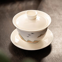 瓷牌茗茶具羊脂玉德化白瓷三才盖碗茶杯家用不烫手陶瓷功夫茶具泡茶碗 羊脂玉瓷《远山》盖碗