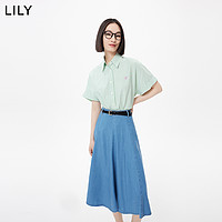 LILY 2023夏季新品清凉撞色条纹短袖衬衫女刺绣翻领通勤设计感衬衣