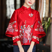 丝潇过年唐装女装中国风气质盘扣中式复古绣花短款改良版旗袍上衣 红色 XL