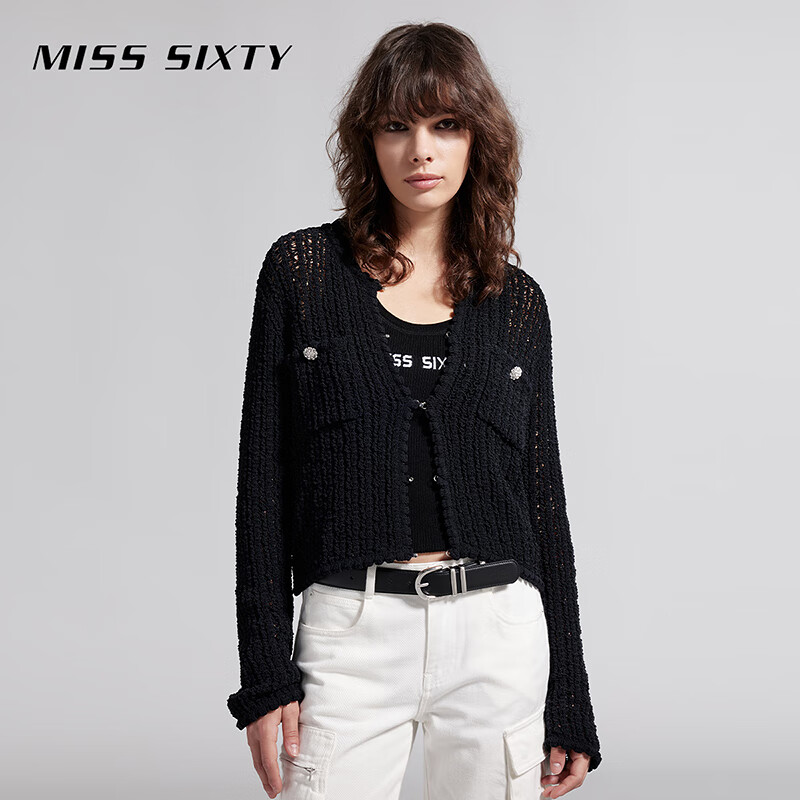 MISS SIXTY2024春季新款毛织外套女圆领钻饰短款修身显瘦别致镂空