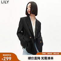 LILY 春新款女装时尚纯色通勤款复古双排扣干练洋气西装外套女 510黑 M