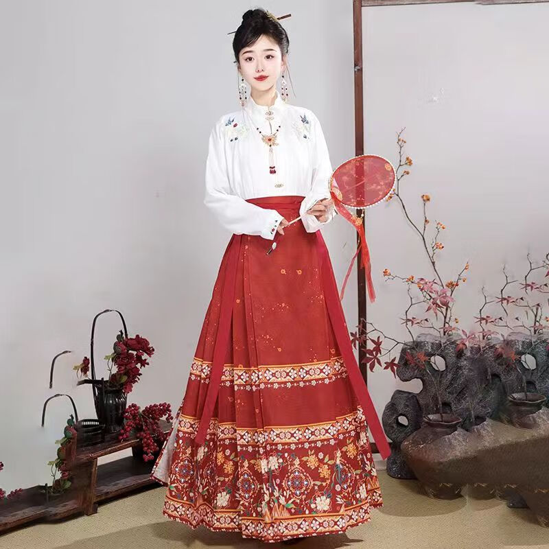 督型（DUXING）新中式套装明制汉服成人男女中国风飞机袖马面裙全套一整套 春暖花开米上衣+红马面裙 XL