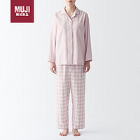 无印良品（MUJI）女式无侧缝双层纱织睡衣家居服套装4S浅粉红色格纹 M