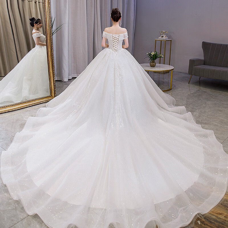红妆饰佳 婚纱2024新娘主婚纱一字肩公主质感出门纱重工奢华主纱 浅香槟拖尾款 L