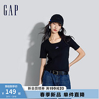 Gap女装2024春季亲肤柔软logo镂空方领短袖T恤多色上衣890006 黑色 170/88A(L) 亚洲尺码
