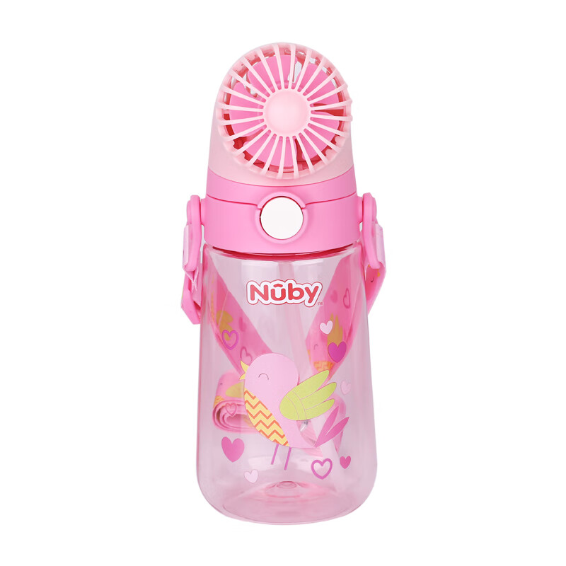 NUBY（努比）充电风扇水杯儿童夏季幼儿园上学便携背带男女孩吸管杯子 粉色 550ml