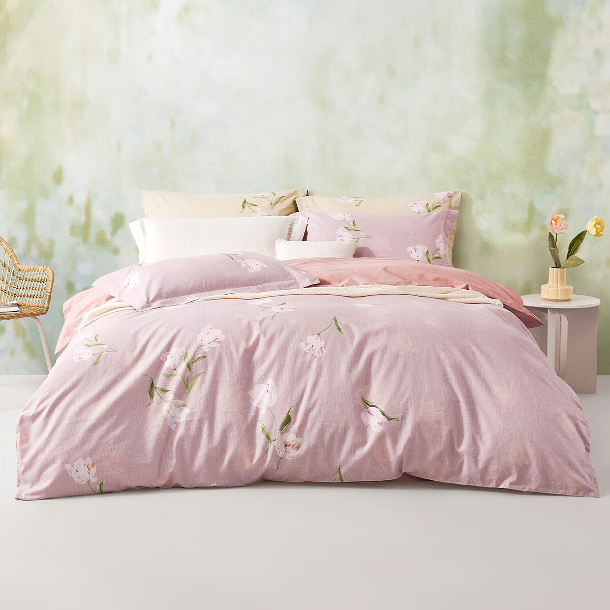 罗莱家纺纯棉三/四件套 全棉青年床单床上用品套件 郁金朵朵-粉色 220*250cm