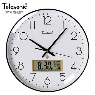 天王星（Telesonic）挂钟客厅钟表简约家用自动对时钟万年历温度挂表挂墙免打孔电波钟 电波日历款 黑边白面【30CM】