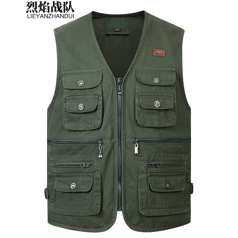 烈焰战队马甲 男士中年秋季多口袋钓鱼马夹背心 中老年休闲95棉带里衬坎肩 108款浅绿色 XL（体重120-125斤）