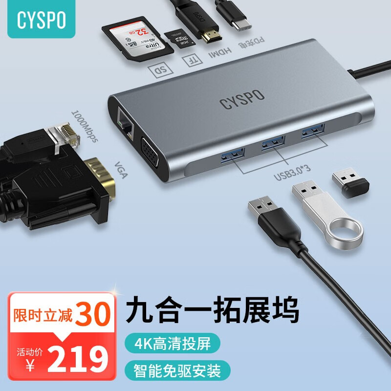 CYSPOType-C扩展坞转HDMI/VGA转换器USB分线器电脑拓展坞网线转接头通用华为苹果联想 九合一【HDMI+千兆网口+双读卡+USB3.0】