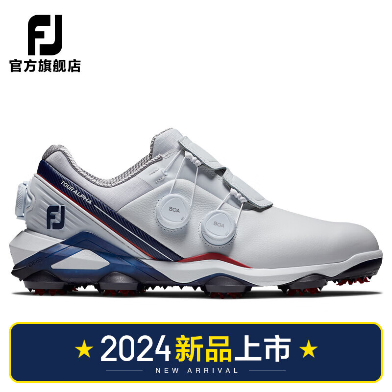 FootJoy 高尔夫球鞋FJ男士Tour Alpha专业竞技防滑防泼水有钉稳定运动鞋 白/红/海军蓝-55542 7=40码