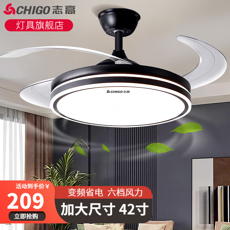 志高42寸/48寸变频隐形电风扇灯餐厅客厅卧室带灯吊扇广东中山led灯具 特圿/甄黑42寸/变频6档常规款