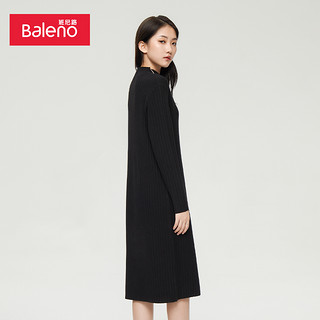 Baleno 班尼路 春季新品女装简约纯色时尚高领竖纹中长款长袖毛织连衣裙