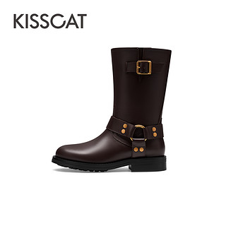 KISSCAT 接吻猫 2023冬季新款时尚复古长筒西部牛皮靴流行增高加绒骑士靴女