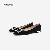 NINE WEST 玖熙 2024年春季新款低跟单鞋女钻扣方头绒面通勤平底鞋