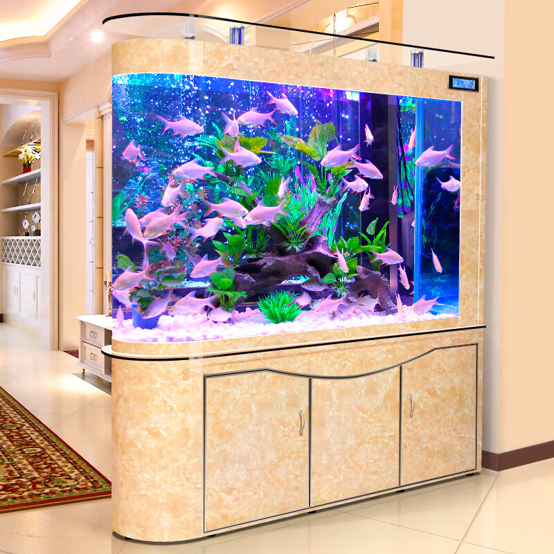 欧宝 鱼缸玻璃生态水族箱子弹头家用客厅屏风金鱼缸大型可 弧门款 底滤 1.2米长