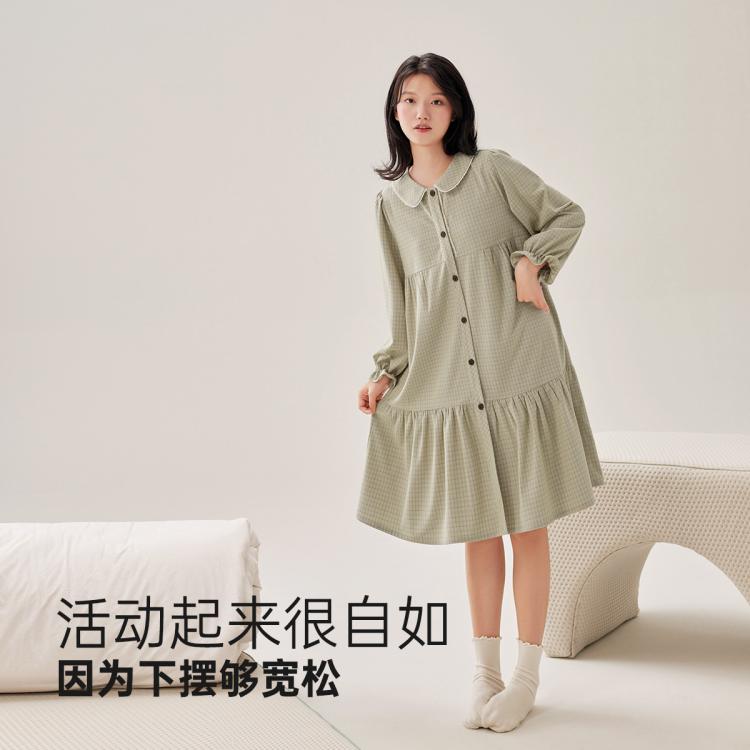 【100%棉 透气吸湿】睡裙女秋纯棉中长裙家居服睡衣