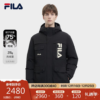 FILA 斐乐男士中长款羽绒服保暖连帽外套 正黑色-BK 180/100A/XL