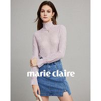 Marie Claire 嘉人 优雅气质高级感荷叶花边半高领毛衣女镂空女式针织衫打底上衣