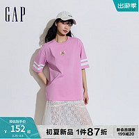 Gap 盖璞 女装2024夏季新款纯棉小熊logo撞色落肩短袖T恤宽松上衣873958 粉红色 160/80A(S) 亚洲尺码