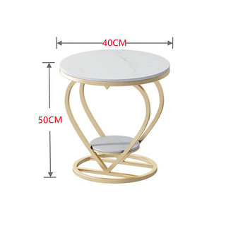 雅宅家居 双层北欧小圆桌轻奢简约床边桌铁艺岩板客厅家用沙发边几阳台桌子 金色+雪山白岩板 直径40CM高50CM