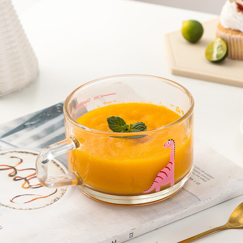 三光云彩 Glasslock钢化玻璃杯儿童牛奶早餐杯耐热可加热带刻度杯子粉色恐龙杯  450ml 粉色恐龙