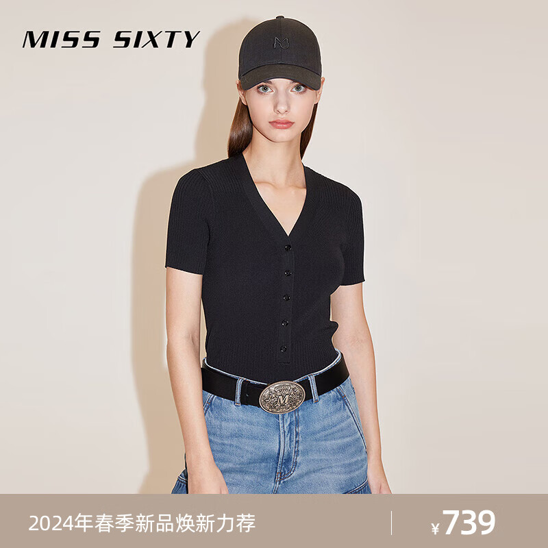 MISS SIXTY2024春季针织衫女V领性感修身显瘦气质短袖上衣 黑色 L