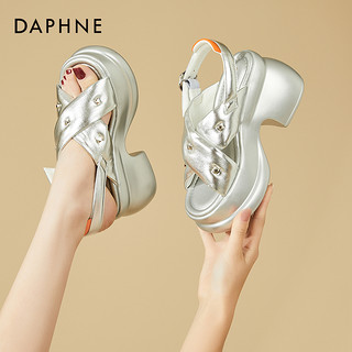 DAPHNE 达芙妮 银色凉鞋坡跟高跟鞋女小个子增高2024新款夏季松糕厚底凉拖