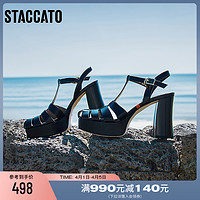 STACCATO 思加圖 新款芭比鞋鏤空羅馬涼鞋氣質粗跟女鞋黑色EJW03BL3