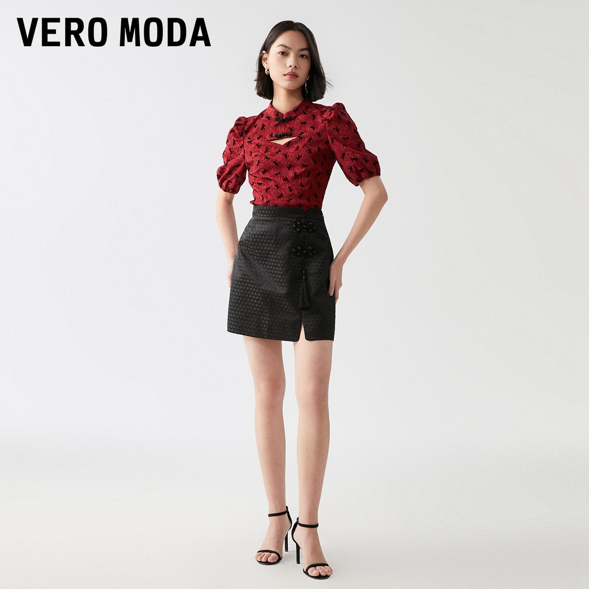 Vero Moda上衣女季新中式盘扣镂空植绒