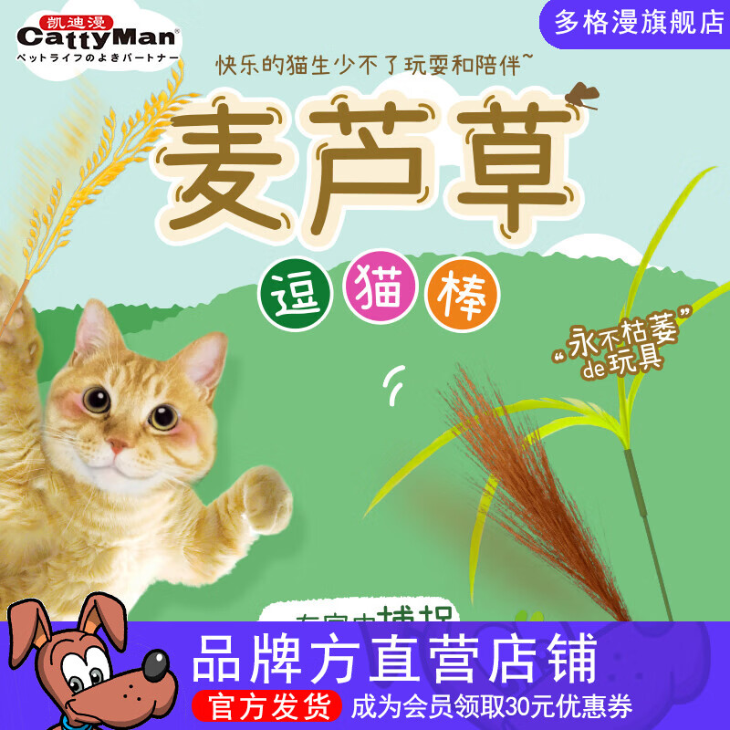 多格漫猫咪玩具 麦芦草逗猫棒宠物互动逗猫杆 短款 麦穗2支