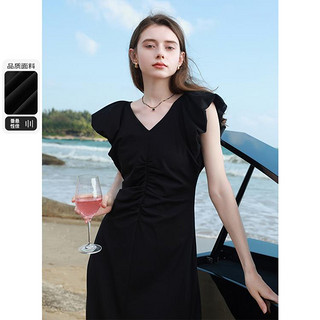 3COLOUR 三彩 法式高级小黑裙飞飞袖连衣裙气质修身长裙