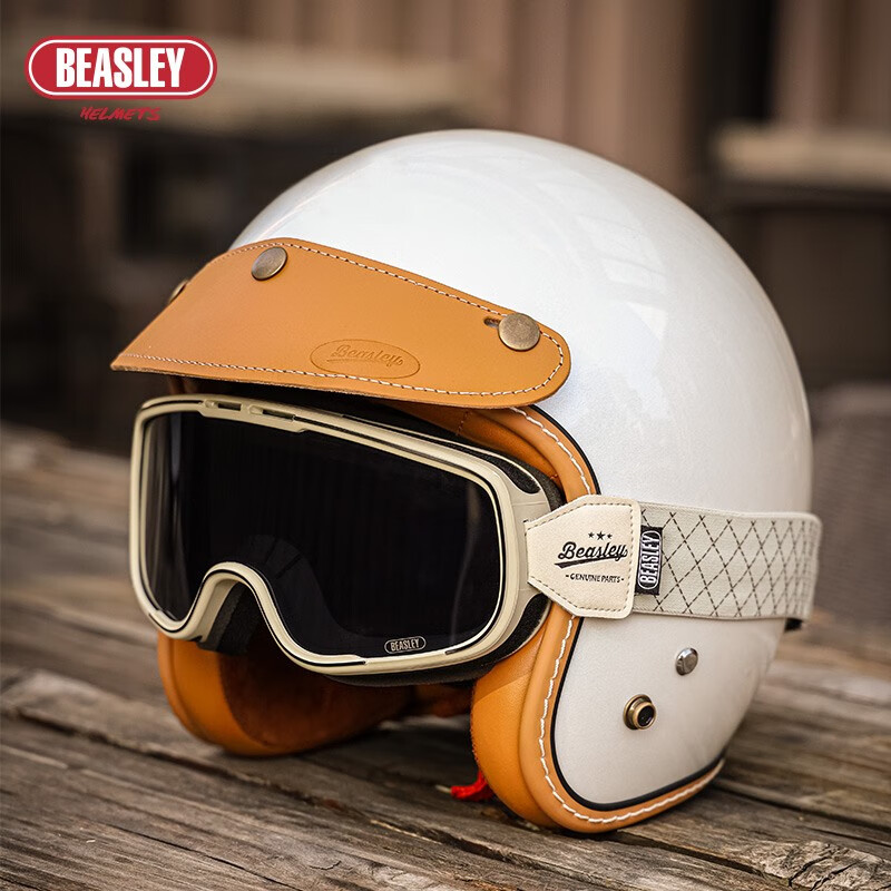 BEASLEY HELMETS EASLEY HELMETS 复古头盔四分之三比斯力摩托车头盔女电动车男巡航夏季骑行新国标 612珍珠白（棕帽檐）+白菱格风镜 M（头围57-58）