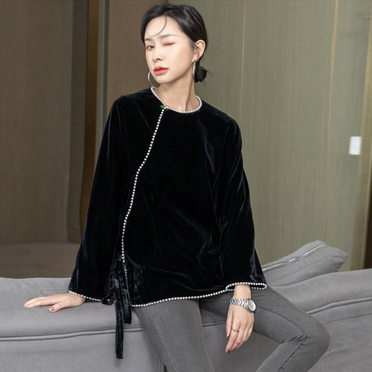 新中式黑色丝绒中国风上衣女冬季时尚洋气设计感小众长袖外套