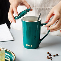 瓷魂 陶瓷带盖马克杯咖啡杯办公室喝水杯带勺子大容量牛奶杯 绿色 绿色带盖带勺