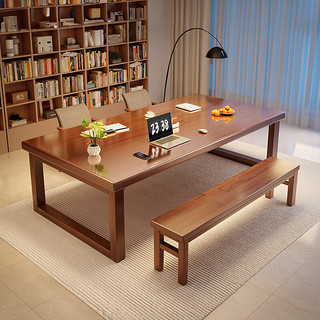 锦需 实木大长书桌家用长条办公桌大板桌去客厅化桌子工作台 四件套胡桃色200cm