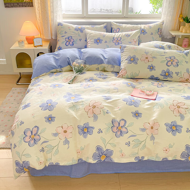 熙乐全棉床上四件套纯棉被套被套家用床品套件高支高密印花床上用品 暗香蓝 200*230cm四件套(1.5/1.8m床)