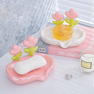 范爷家 轻奢陶瓷沥水肥皂盒创意免打孔家用可爱花朵香皂盒洗手台收纳皂碟 轻萌花朵皂盒（粉色）