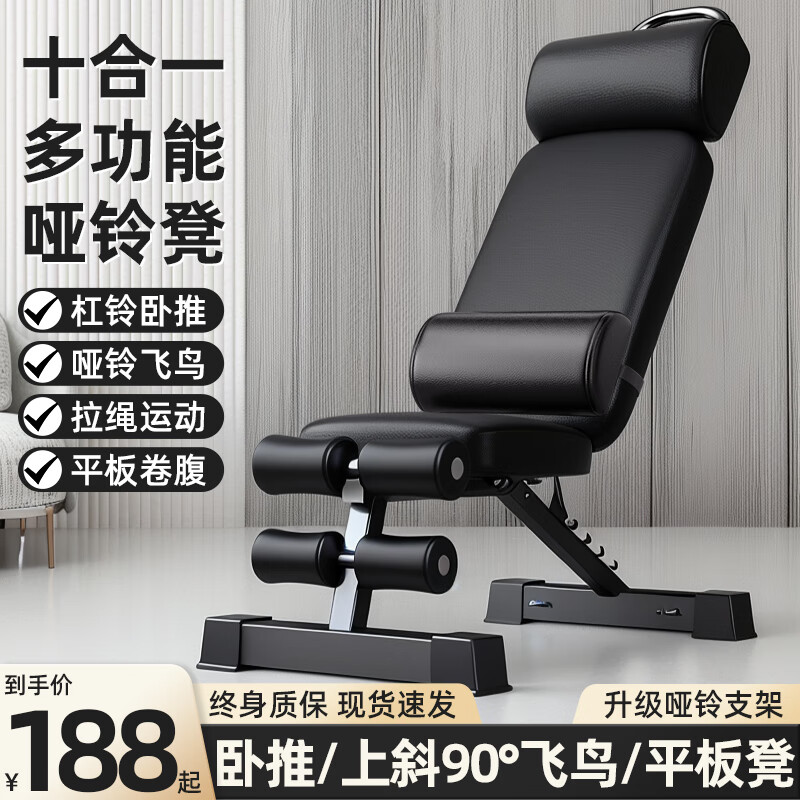 羽豪哑铃凳多功能仰卧板家用锻炼椅子折叠平板卧推飞鸟凳器材 十合一专业款+头枕+扶手