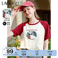 La·go·go 拉谷谷 Lagogo拉谷谷米红拼接撞色T恤女2024年春夏新款印花气质纯棉短袖