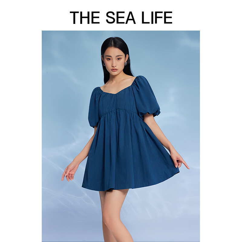 THE SEA LIFE欧海一生 极简风连衣裙女24春夏泡泡袖小短裙PC1229 陶器蓝 S