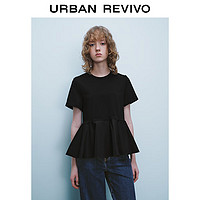 UR2024夏季女装都市休闲拼接设计感捏褶圆领T恤衫UWU440042 正黑 L