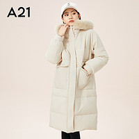A21 女装休闲连帽中长款夹棉外套厚冬季显瘦毛领直筒棉服
